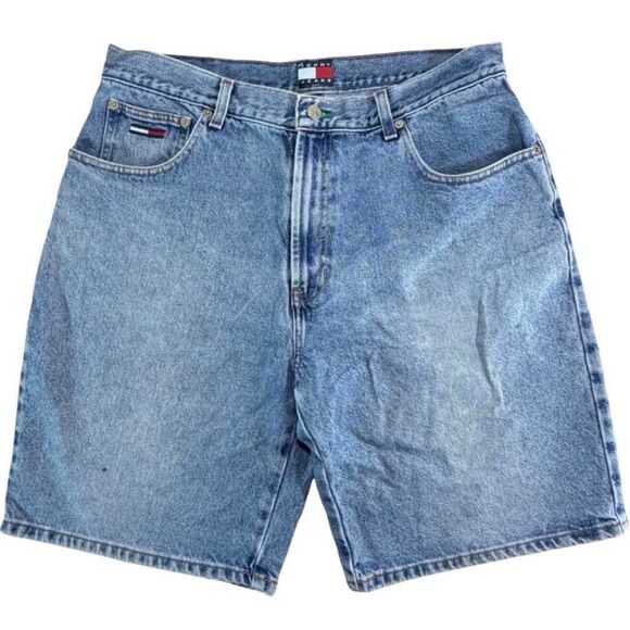 Vintage Tommy Jeans Denim Shorts Mens Size 36 Light Wash 90s Flag Logo Relaxed - Picture 2 of 4